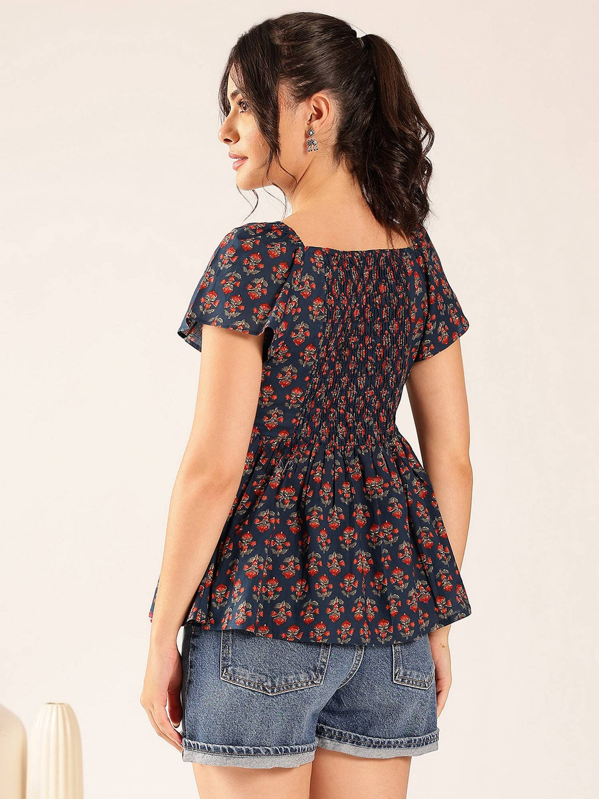 Women Turquoise Floral Flared Cotton Stitched Peplum Top | pt51 - view 2
