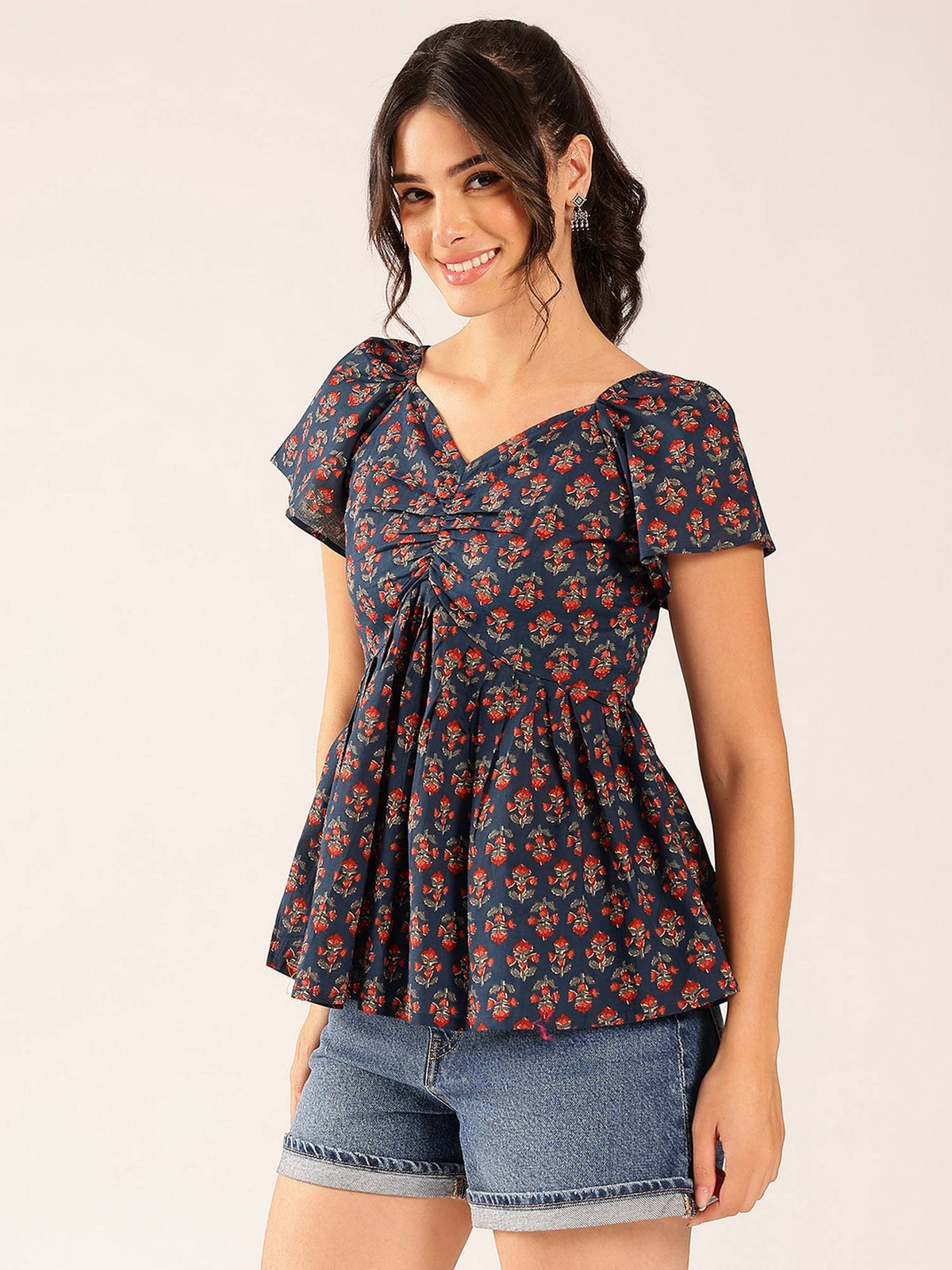 Women Turquoise Floral Flared Cotton Stitched Peplum Top | pt51 - view 3