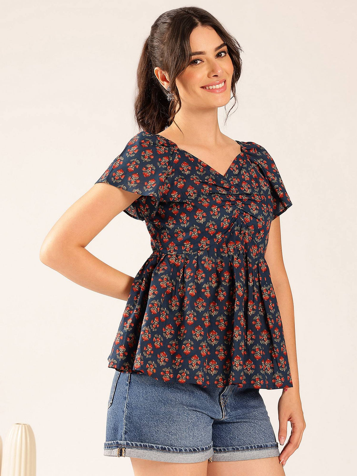 Women Turquoise Floral Flared Cotton Stitched Peplum Top | pt51 - view 4