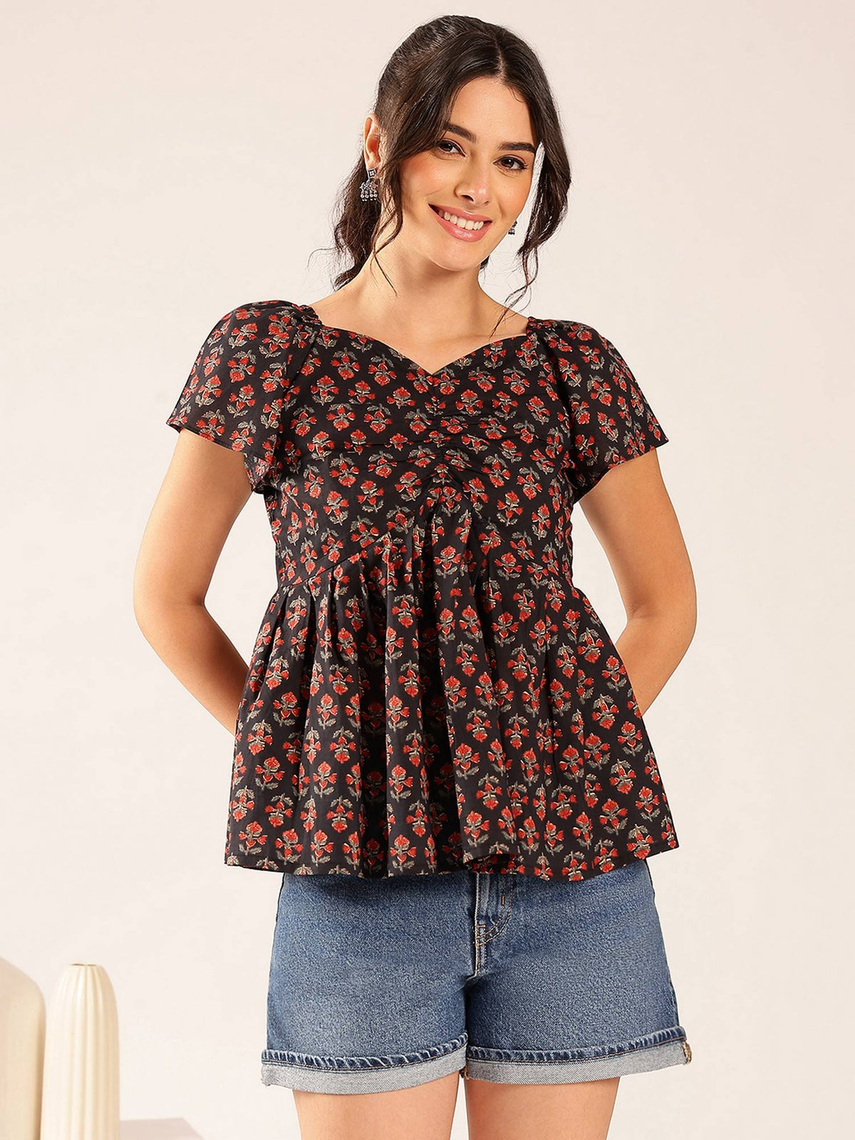 Women Maroon Floral Flared Cotton Stitched Peplum Top | pt51 - view 15