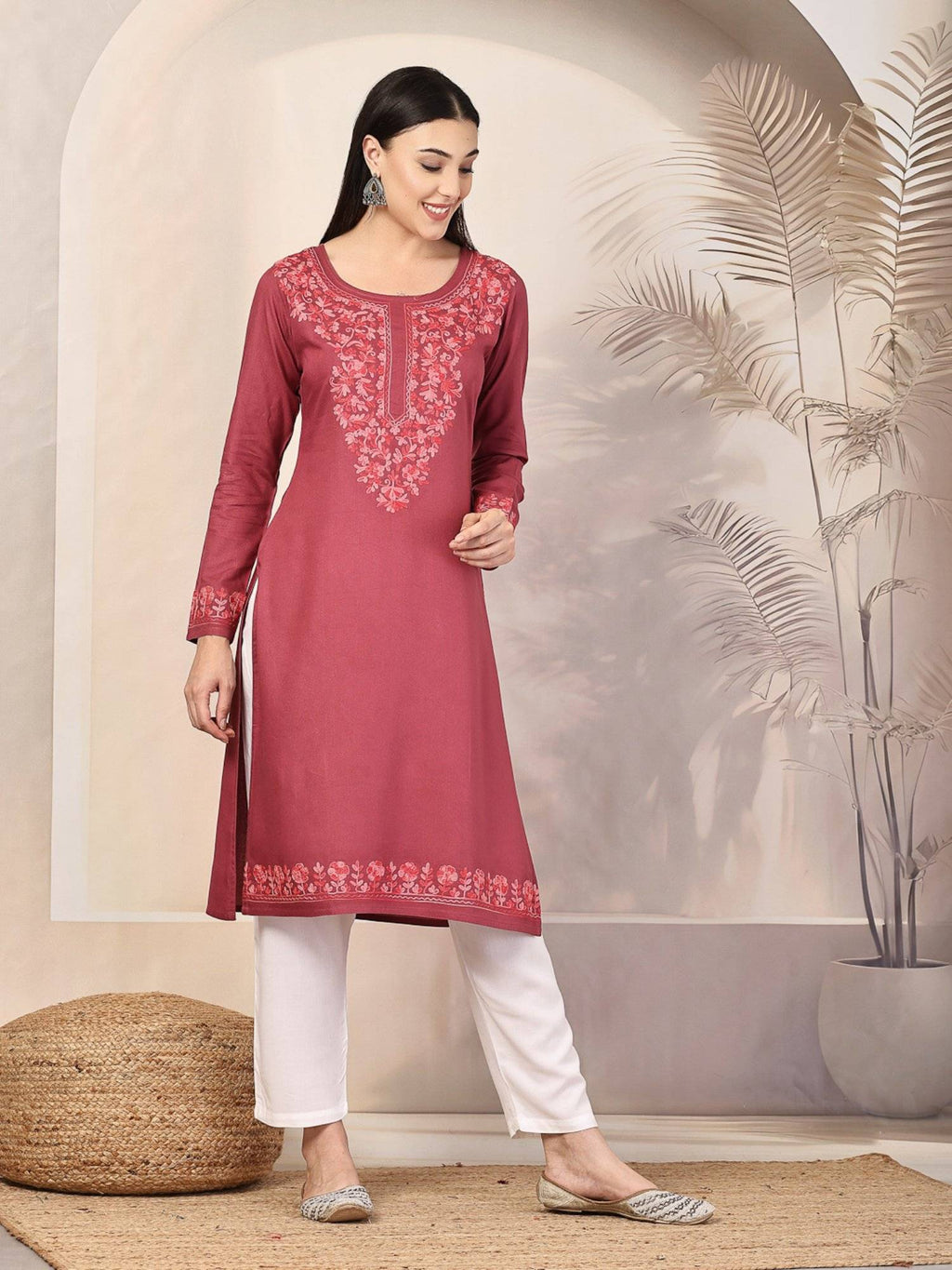Women Floral Kashmiri Aari Embroidered Viscose Rayon Slim Fit Kurta | U3S - view 9