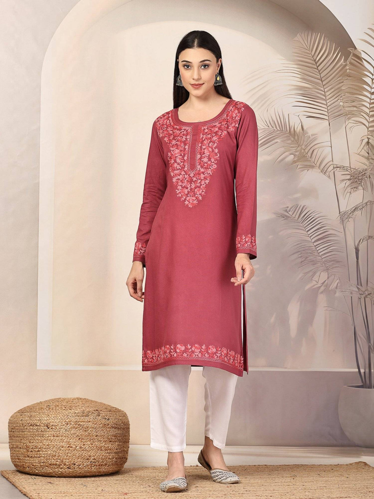 Women Floral Kashmiri Aari Embroidered Viscose Rayon Slim Fit Kurta | U3S - view 12