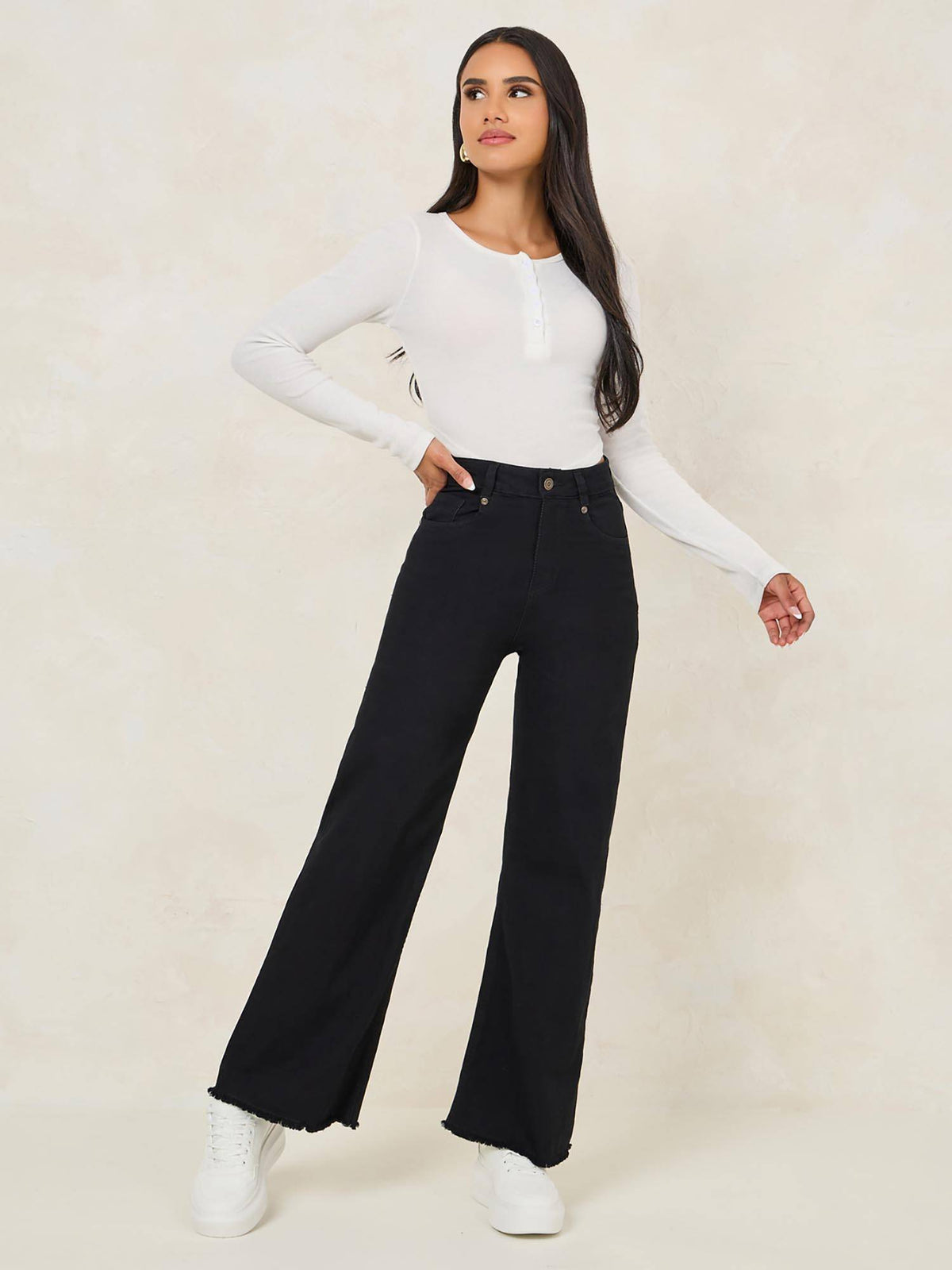 Women Solid Wide Leg Relaxed Fit Mid Rise Cotton Jeans | RF89 - view 6