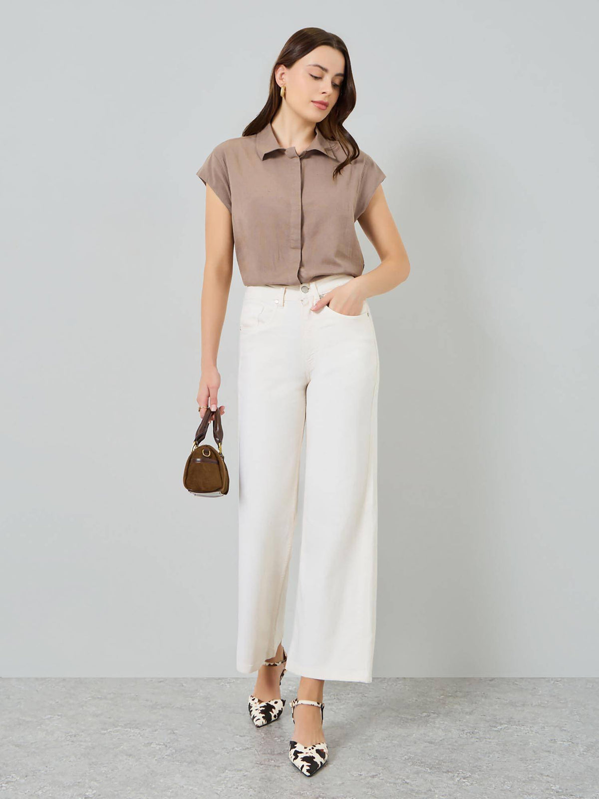 Women Solid Wide Leg Relaxed Fit Mid Rise Cotton Jeans | RF89 - view 2