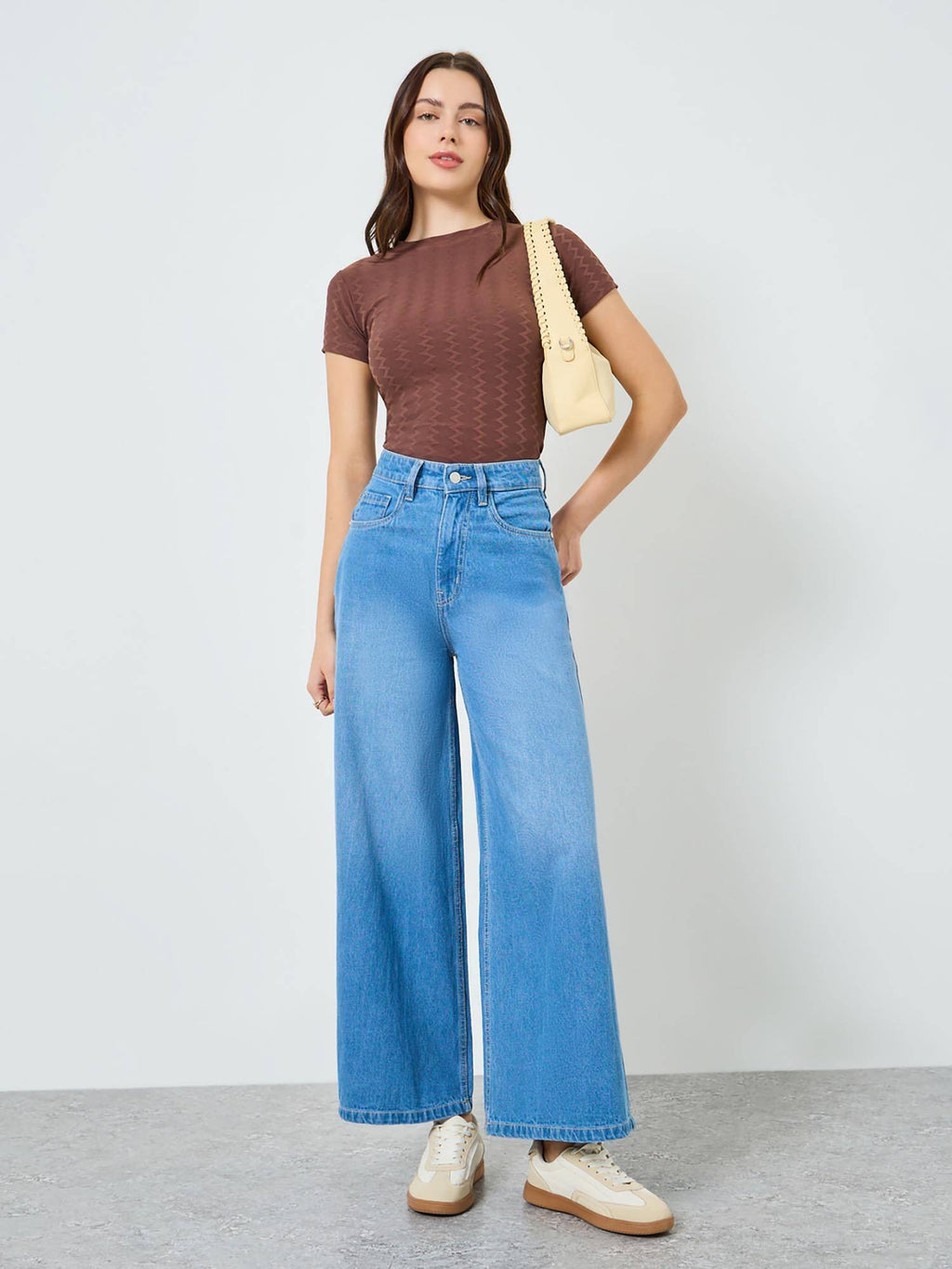 Women Solid Wide Leg Mid Rise Cotton Jeans | RF89 - view 2