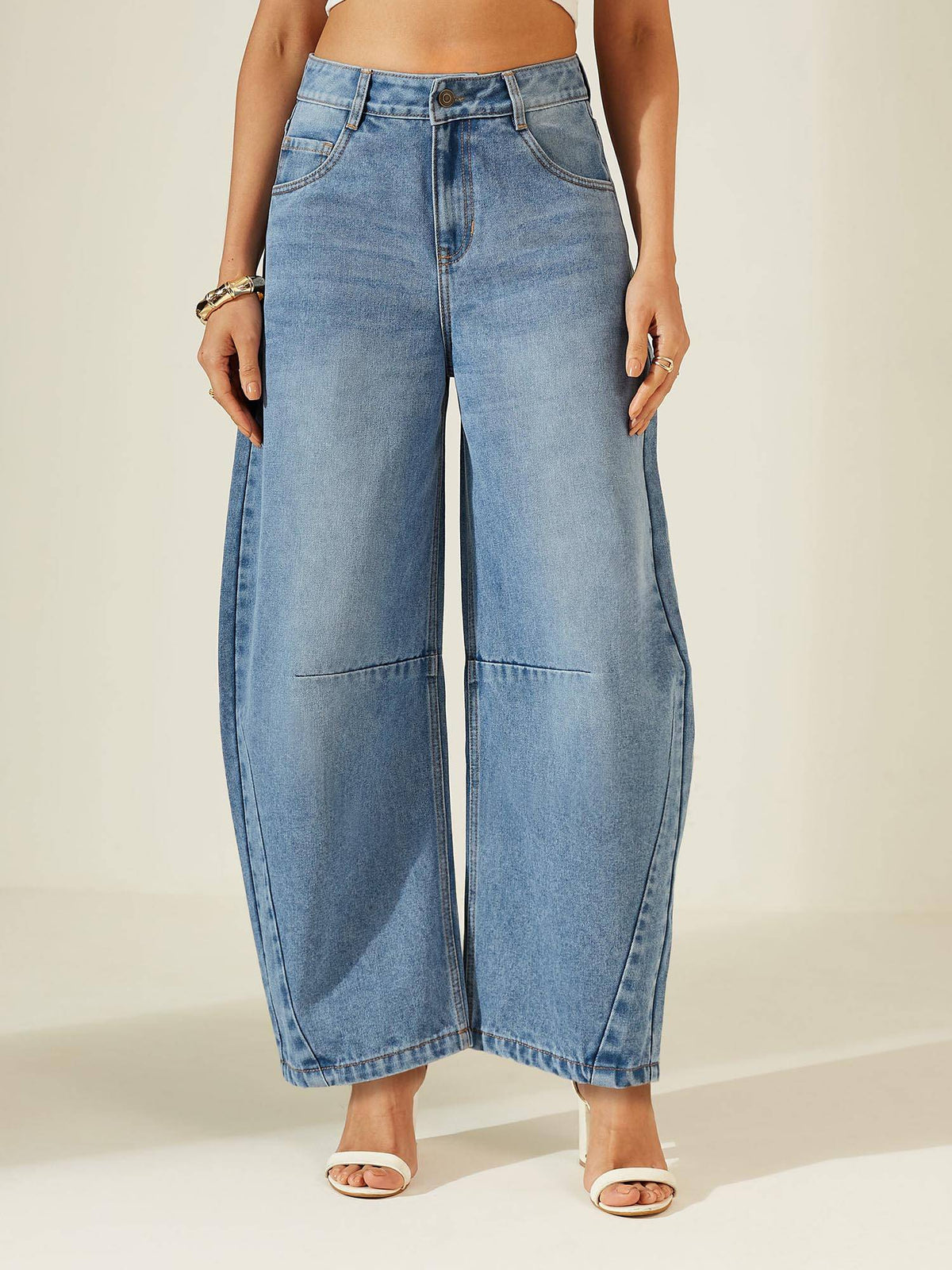 Womens High Blue High Rise Denim Jeans Whickering and Knee Dart Detailing | BG78 - view 1