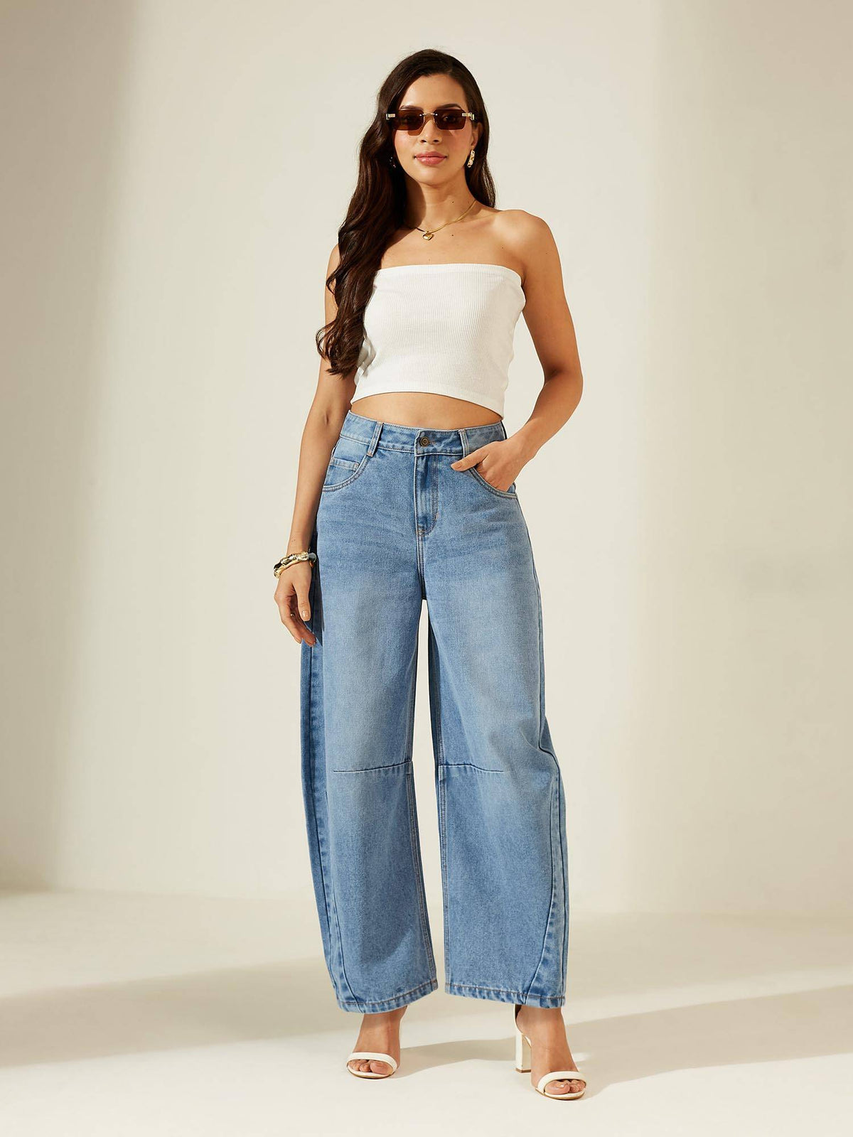 Womens High Blue High Rise Denim Jeans Whickering and Knee Dart Detailing | BG78 - view 3