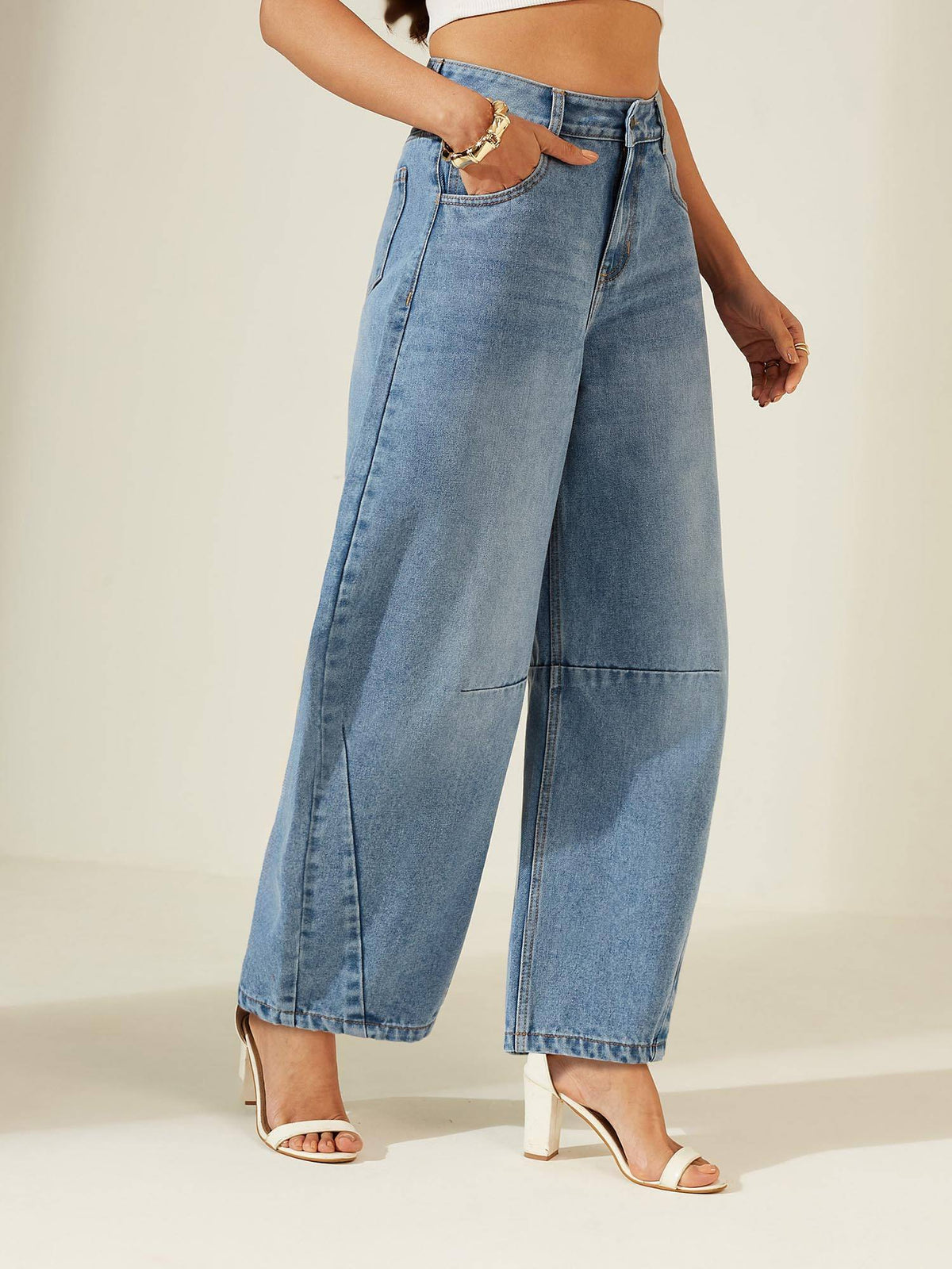 Womens High Blue High Rise Denim Jeans Whickering and Knee Dart Detailing | BG78 - view 4