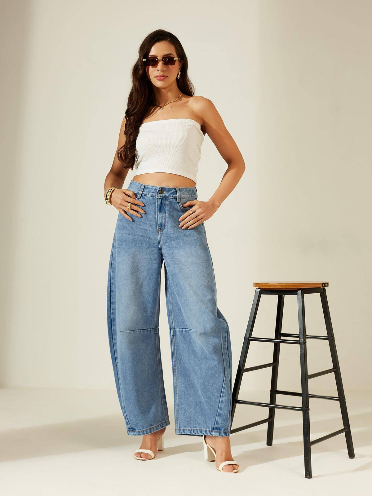 Womens High Blue High Rise Denim Jeans Whickering and Knee Dart Detailing | BG78 - view 5