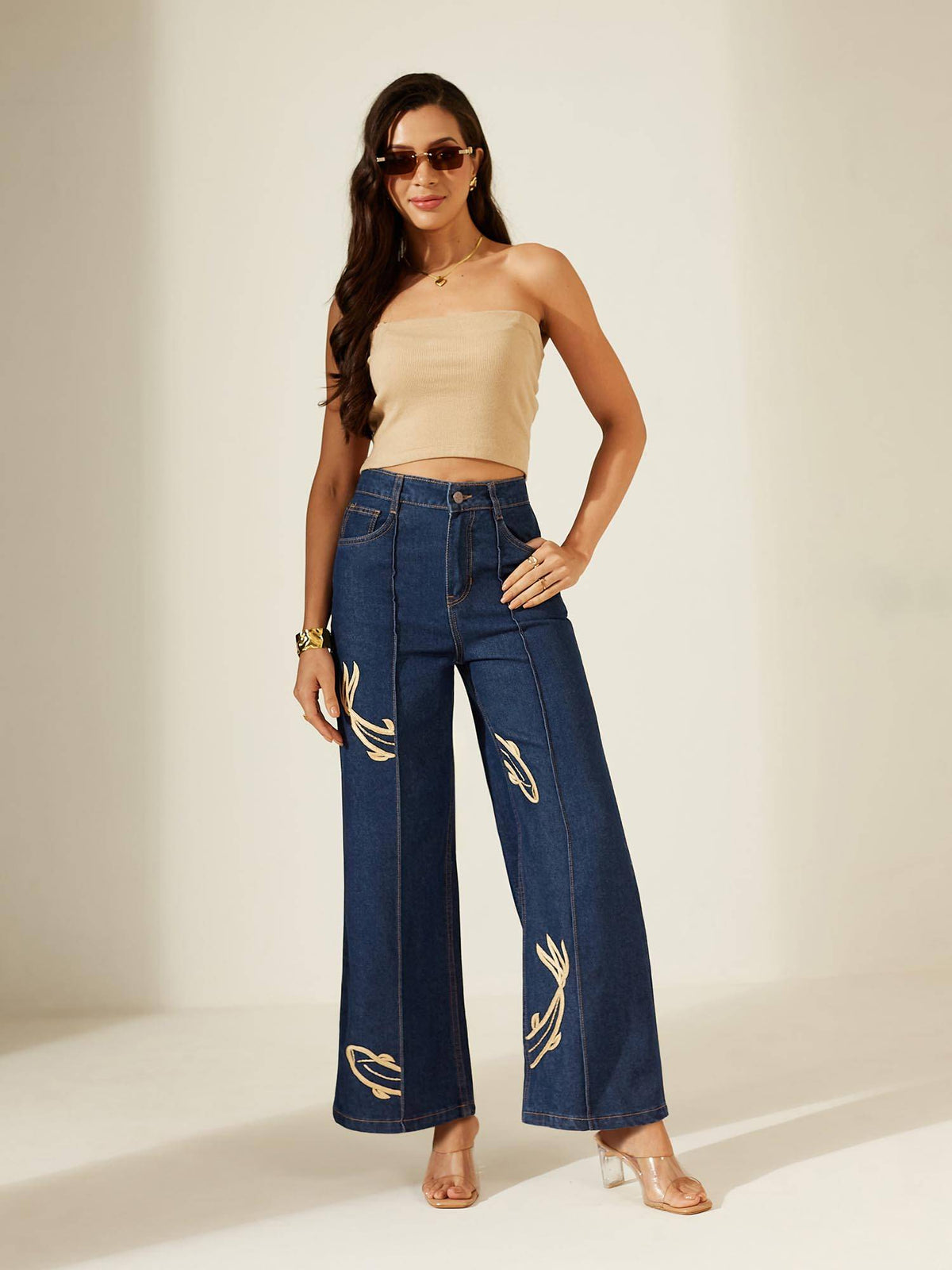 Women Light Blue Wide-Leg High Rise Stretchable Denim Jeans | RF89 - view 3