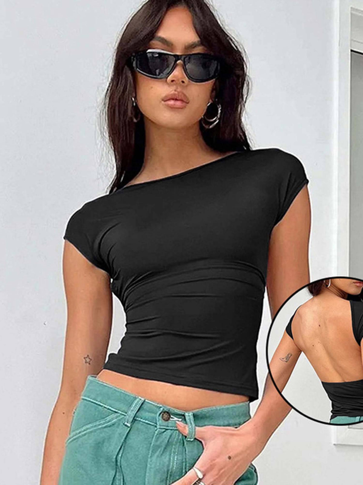 Black Cap Sleeves Fitted Crop Street Style Top | CT61 - view 1