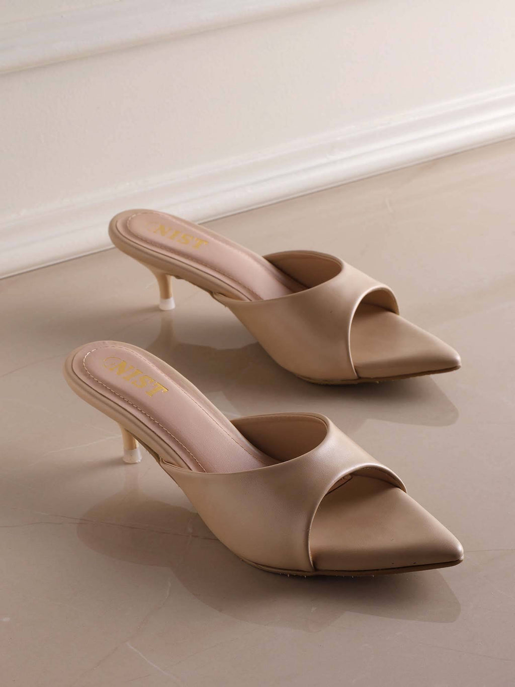 Comfortable Pointed Toe Beige Kitten Heels | H78 - view 1