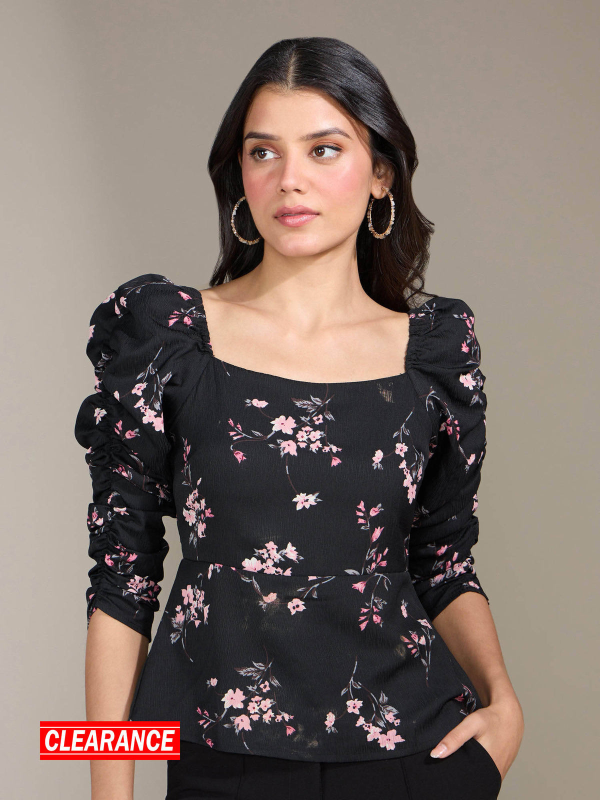 Black Floral Print Square Neck Top | pt51 - view 1