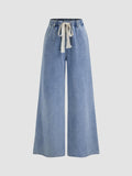 Blue Leslie Denim High Waist Solid Tie Front Wide Leg Jeans | WL90 - view 1