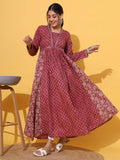 Women Floral Print Cotton Pink Alia Cut Stitched Anarkali Kurta | FY93 - view 1