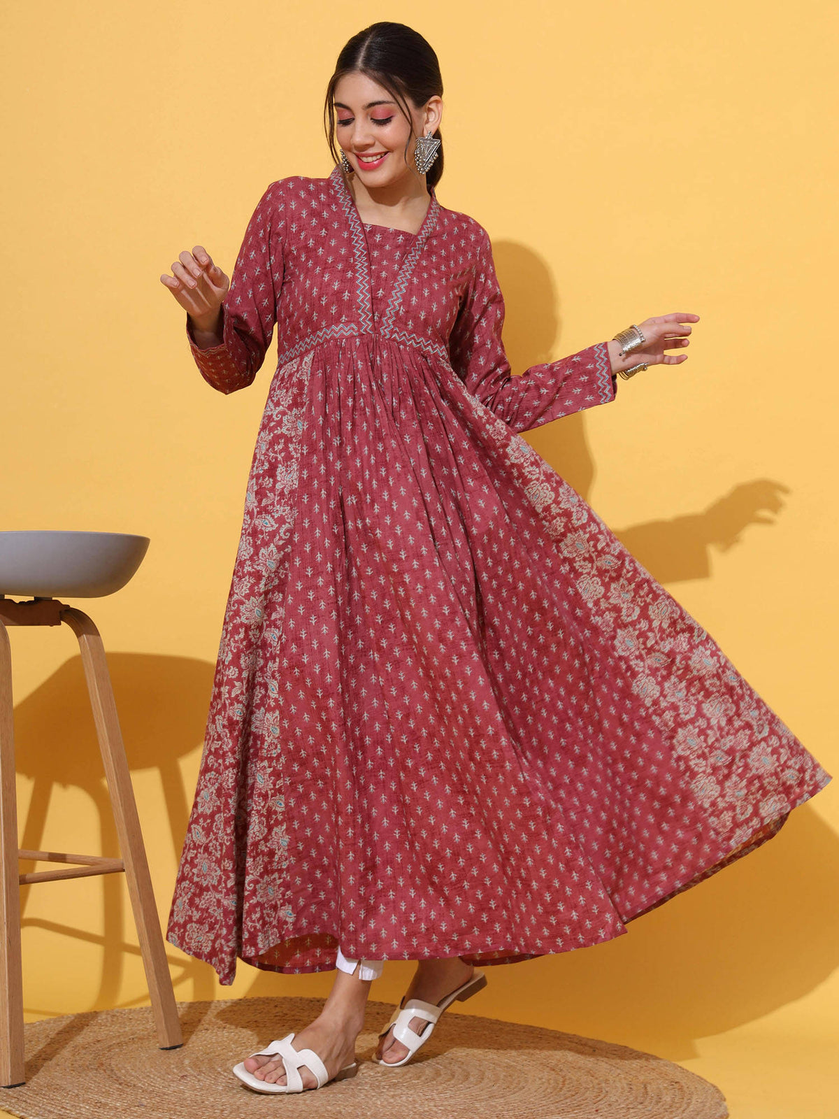Women Floral Print Cotton Pink Alia Cut Stitched Anarkali Kurta | FY93 - view 1