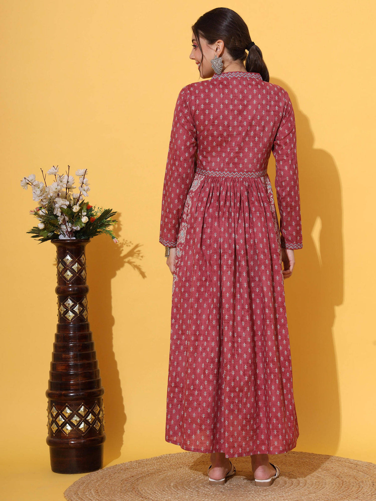 Women Floral Print Cotton Pink Alia Cut Stitched Anarkali Kurta | FY93 - view 2