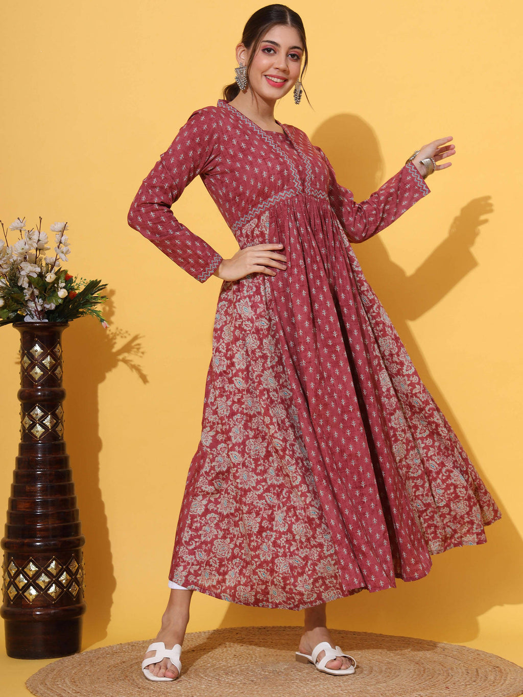 Women Floral Print Cotton Pink Alia Cut Stitched Anarkali Kurta | FY93 - view 4