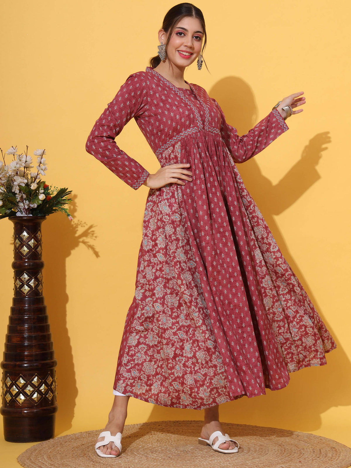 Women Floral Print Cotton Pink Alia Cut Stitched Anarkali Kurta | FY93 - view 4