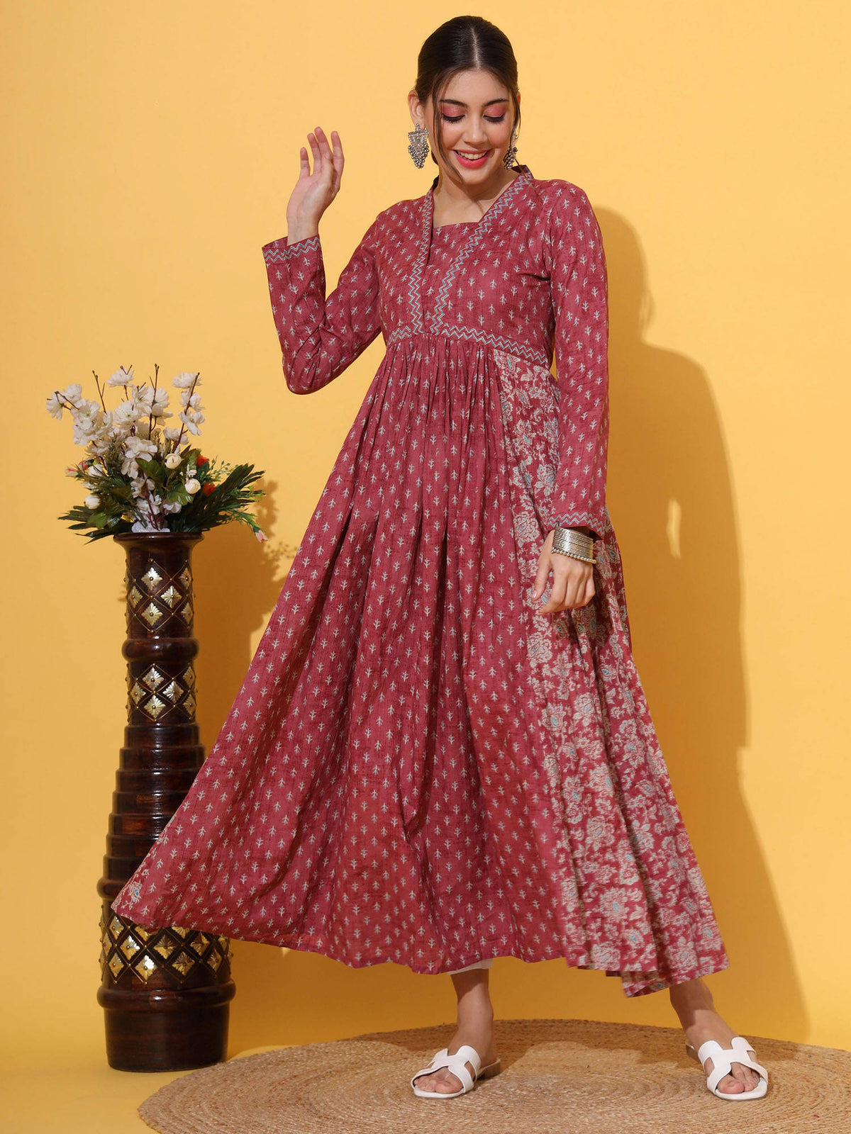 Women Floral Print Cotton Pink Alia Cut Stitched Anarkali Kurta | FY93 - view 5