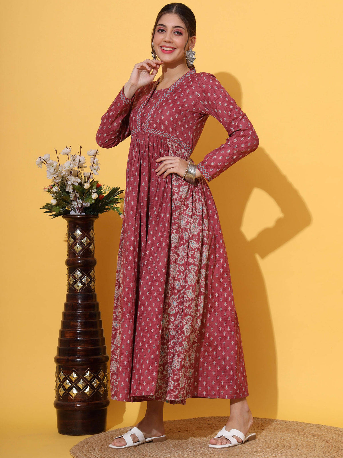 Women Floral Print Cotton Pink Alia Cut Stitched Anarkali Kurta | FY93 - view 6
