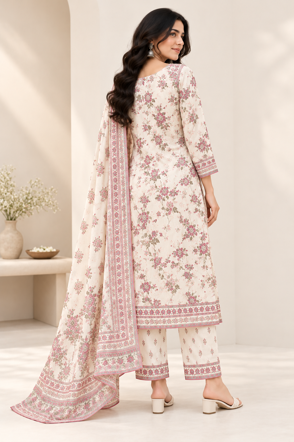 Ivory Floral Kurta Set with Printed Dupatta