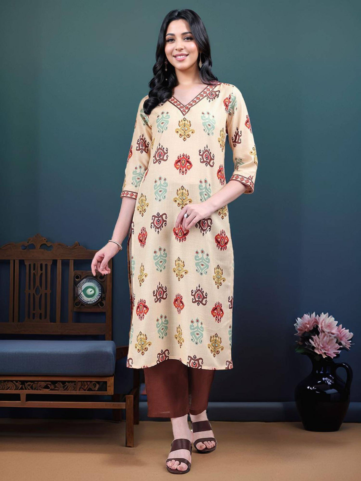 Womens Cotton Blend Ikat Printed Straight Kurta | KDG - view 1