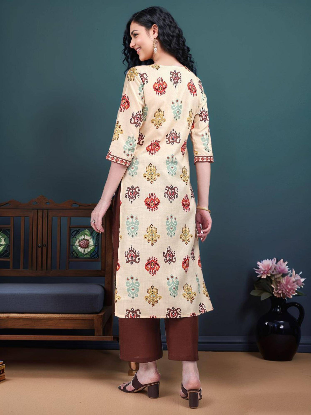 Womens Cotton Blend Ikat Printed Straight Kurta | KDG - view 2