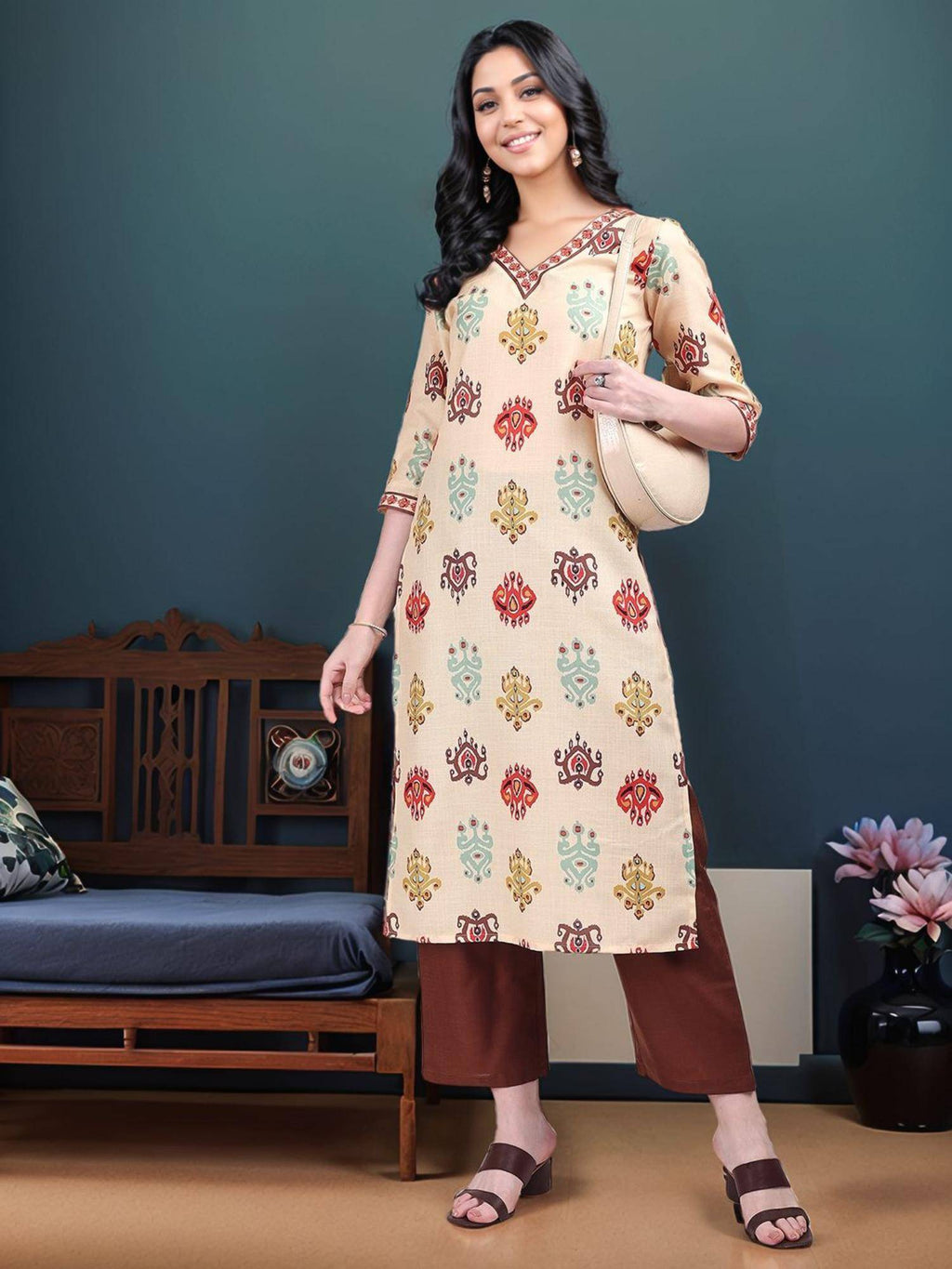 Womens Cotton Blend Ikat Printed Straight Kurta | KDG - view 4