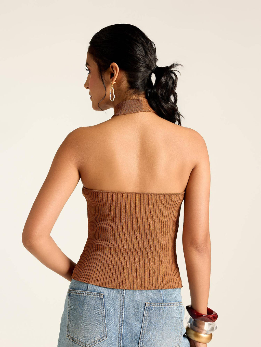 Brown Textured Viscose Blend Fitted Top | HT67 - view 2