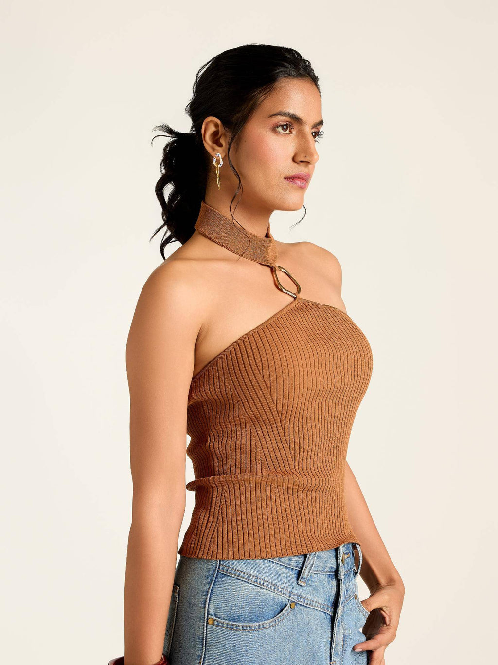 Brown Textured Viscose Blend Fitted Top | HT67 - view 4
