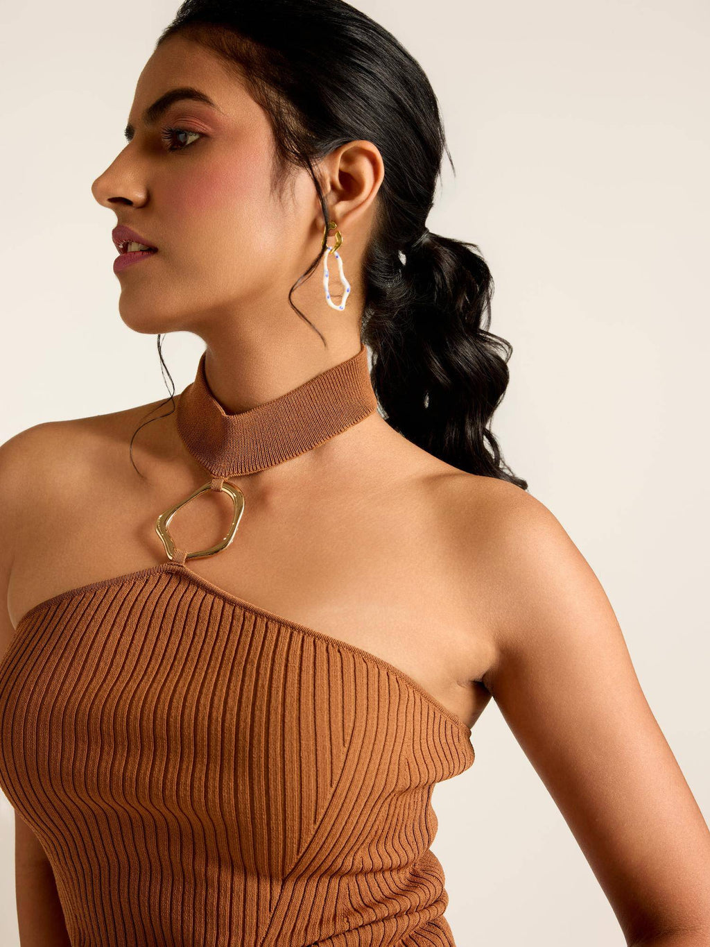 Brown Textured Viscose Blend Fitted Top | HT67 - view 5