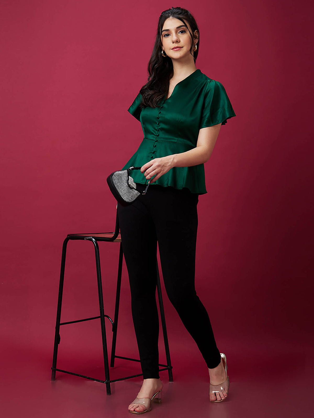 Women Green V Neck Flutter Sleeve Peplum Party Top | pt51 - view 2