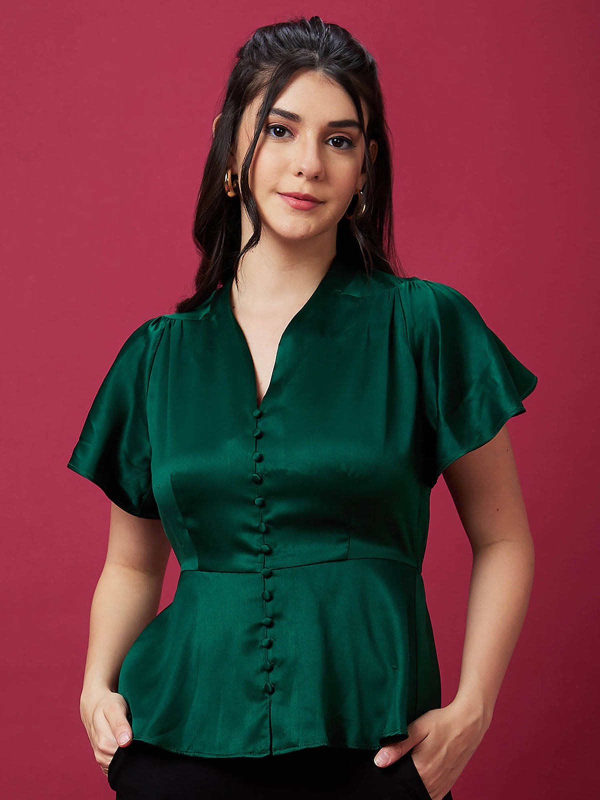 Women Green V Neck Flutter Sleeve Peplum Party Top | pt51 - view 1