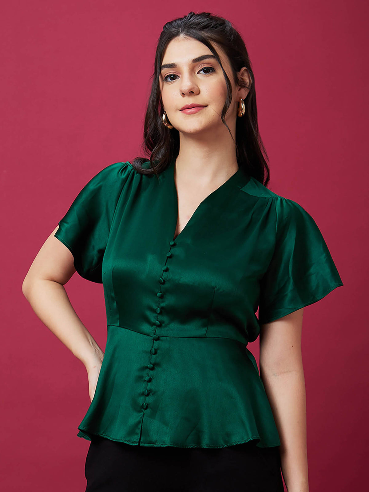 Women Green V Neck Flutter Sleeve Peplum Party Top | pt51 - view 3