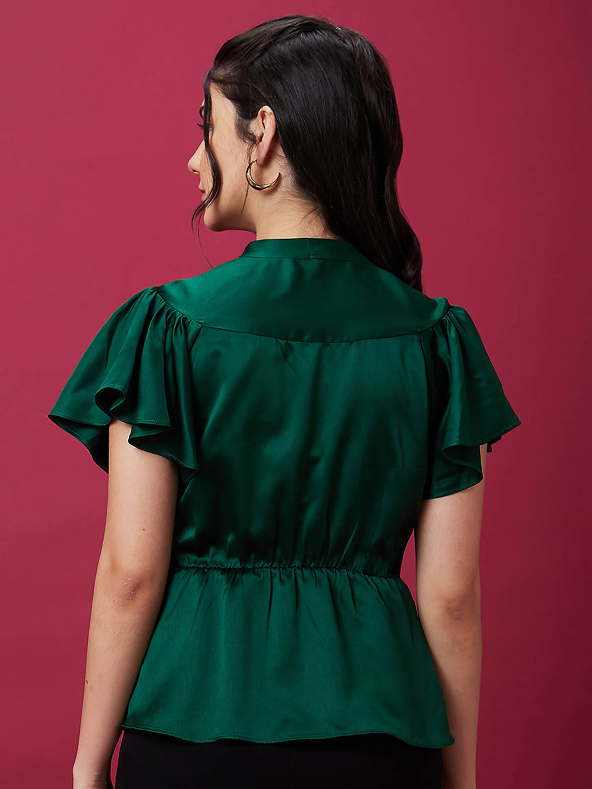 Women Green V Neck Flutter Sleeve Peplum Party Top | pt51 - view 4