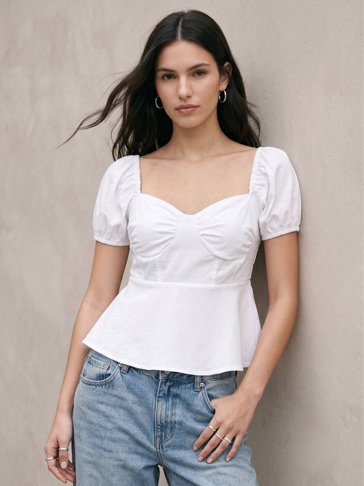 White Puff Sleeve Peplum Style Top | pt51 - view 1