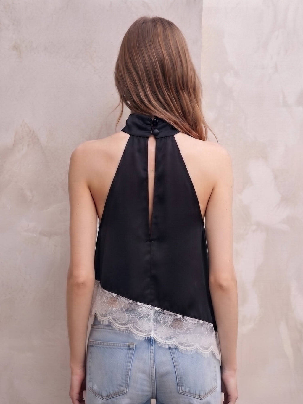 Black Halter Neck Top With Lace Asymmetric Top | HT67 - view 3