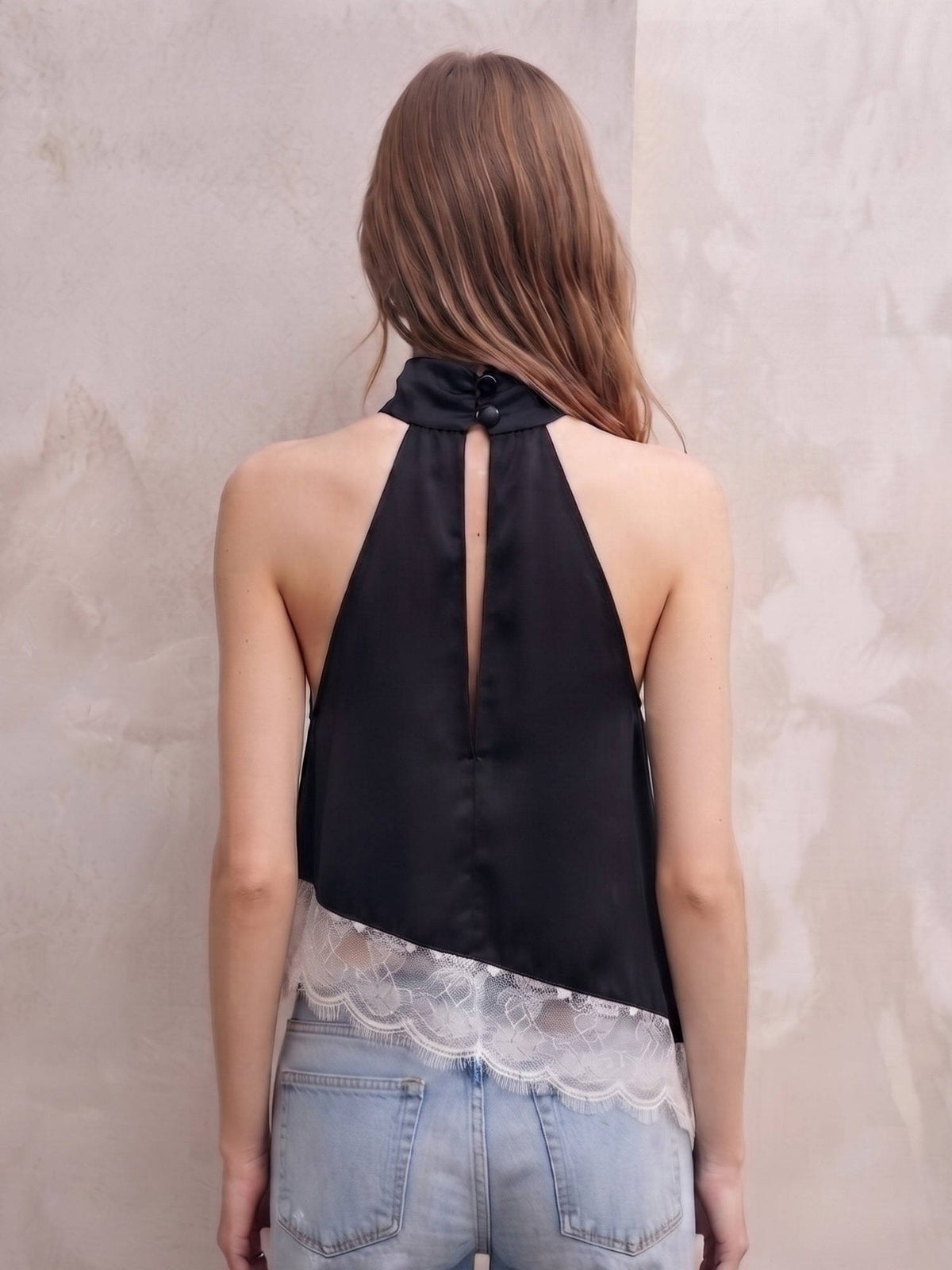 Black Halter Neck Top With Lace Asymmetric Top | HT67 - view 3