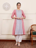 Pink & Blue Cotton Blend Ethnic Motifs Printed with Thread Work Designer A-Line Kurta | FY93 - view 1