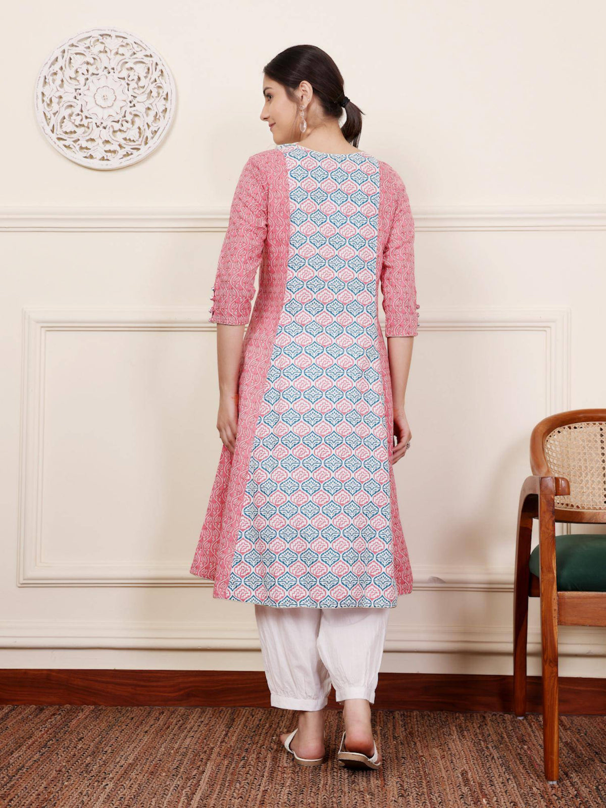 Pink & Blue Cotton Blend Ethnic Motifs Printed with Thread Work Designer A-Line Kurta | KDG - view 2