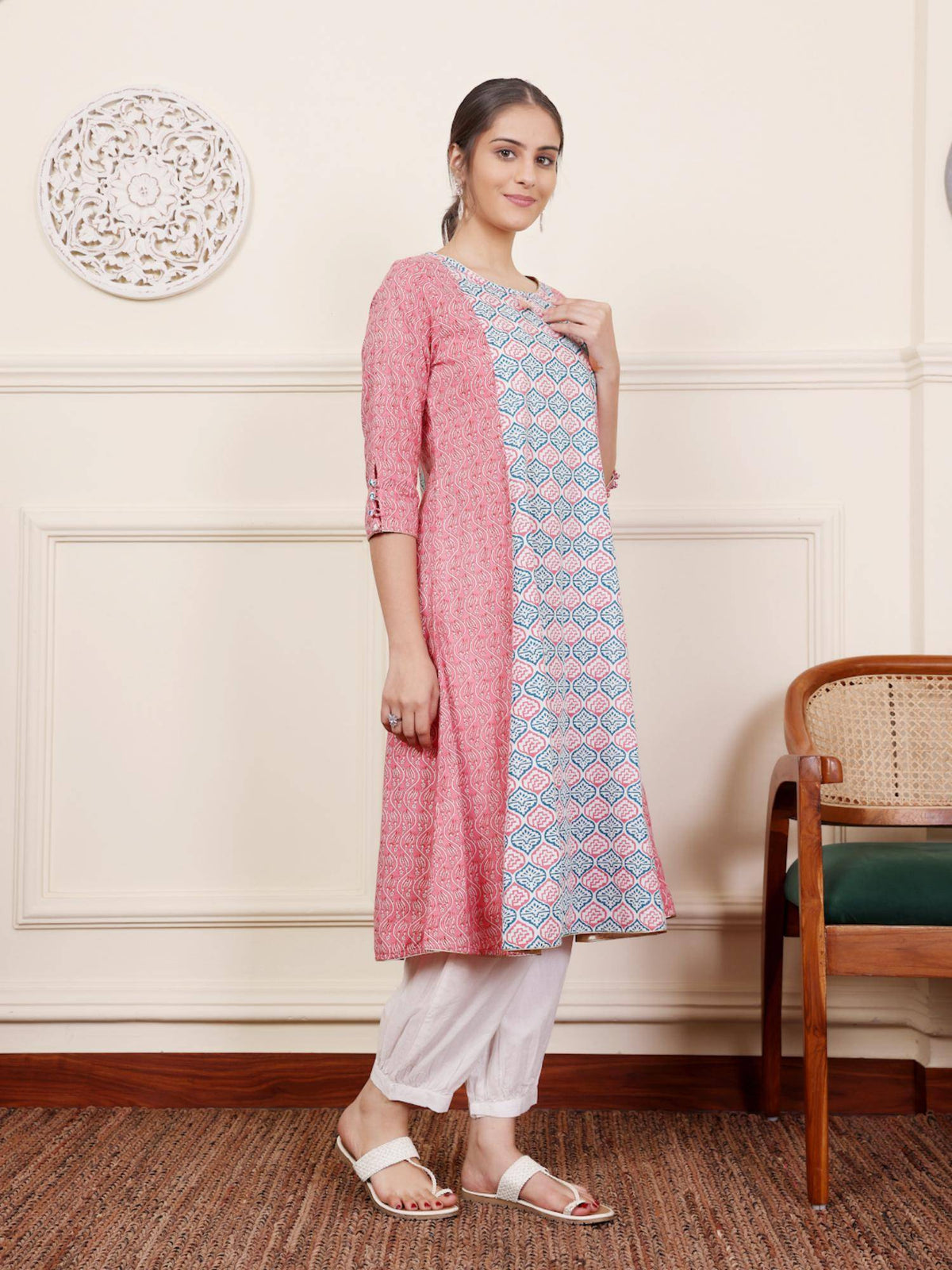 Pink & Blue Cotton Blend Ethnic Motifs Printed with Thread Work Designer A-Line Kurta | KDG - view 3