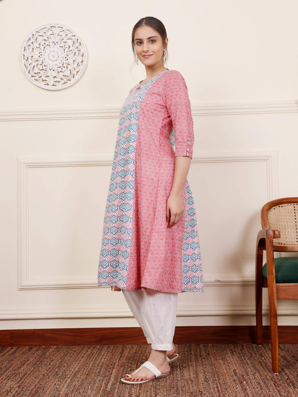 Pink & Blue Cotton Blend Ethnic Motifs Printed with Thread Work Designer A-Line Kurta | FY93 - view 4