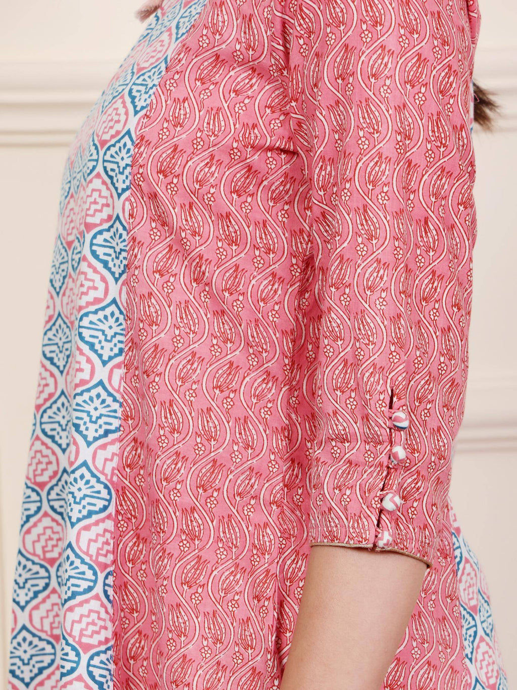 Pink & Blue Cotton Blend Ethnic Motifs Printed with Thread Work Designer A-Line Kurta | KDG - view 5