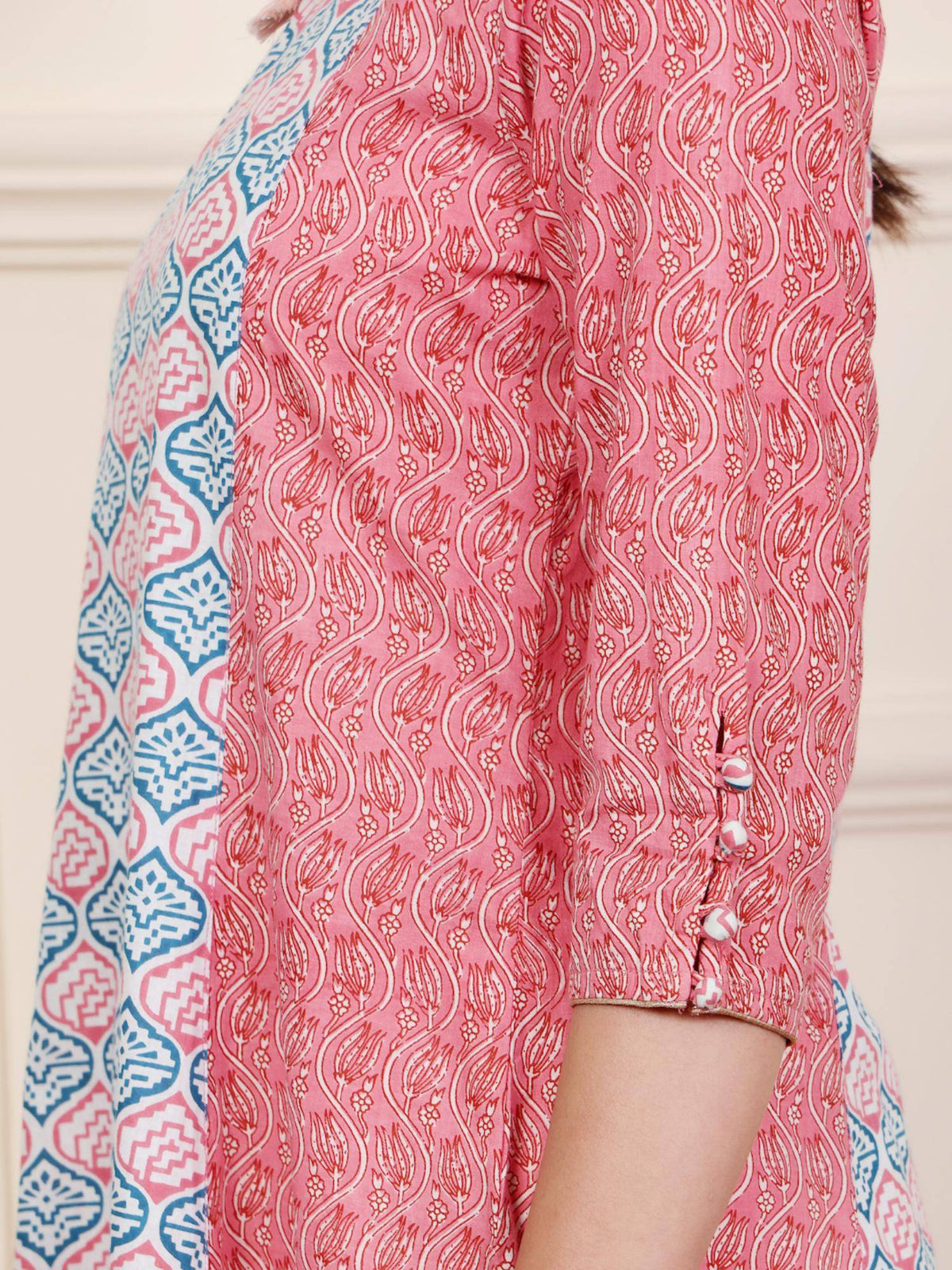 Pink & Blue Cotton Blend Ethnic Motifs Printed with Thread Work Designer A-Line Kurta | KDG - view 5