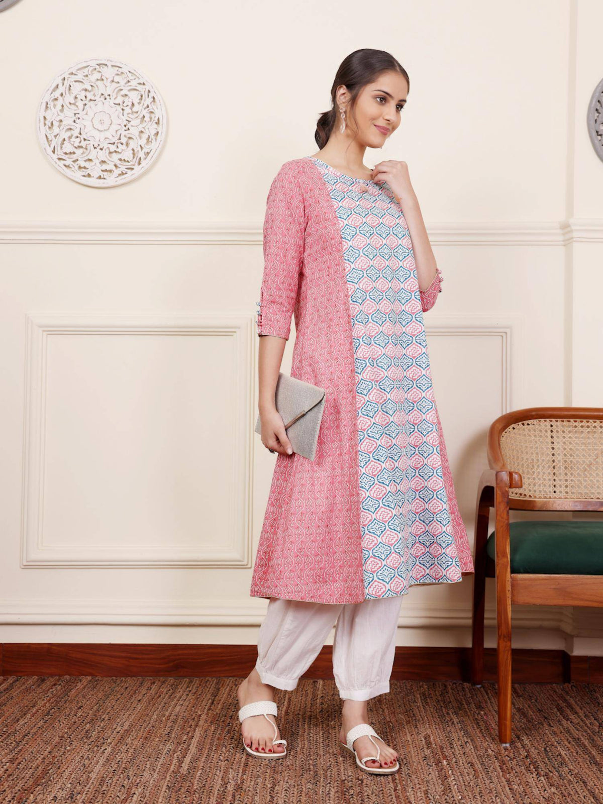Pink & Blue Cotton Blend Ethnic Motifs Printed with Thread Work Designer A-Line Kurta | KDG - view 6