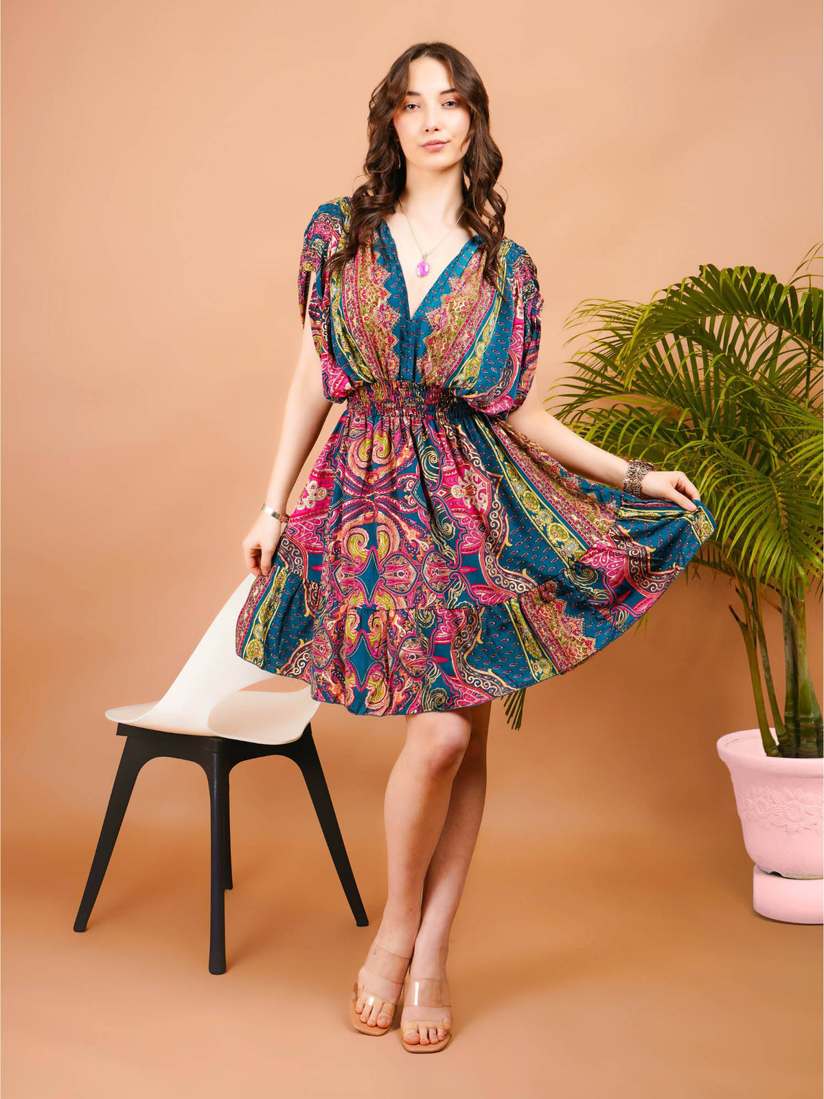 Women Teal Radiant Glow Paisley Print Boho Mini Dress | D56 - view 1