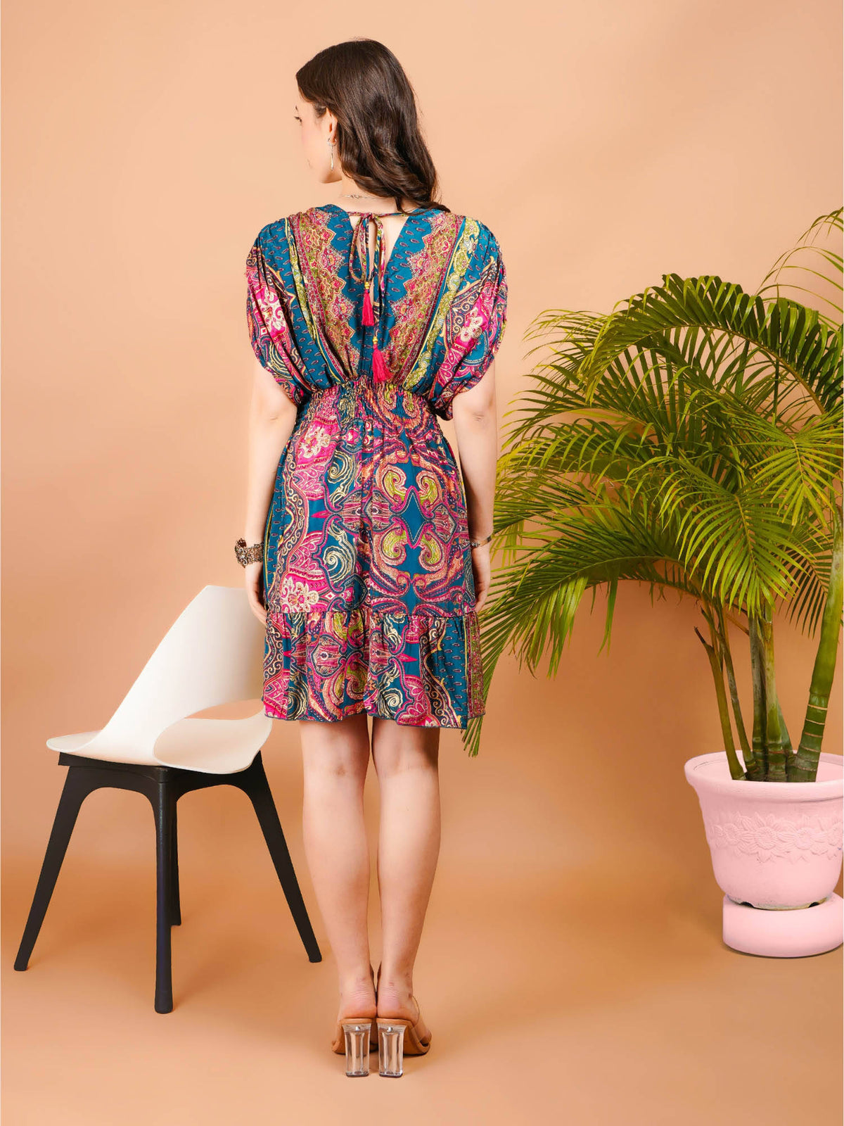 Women Teal Radiant Glow Paisley Print Boho Mini Dress | D56 - view 2