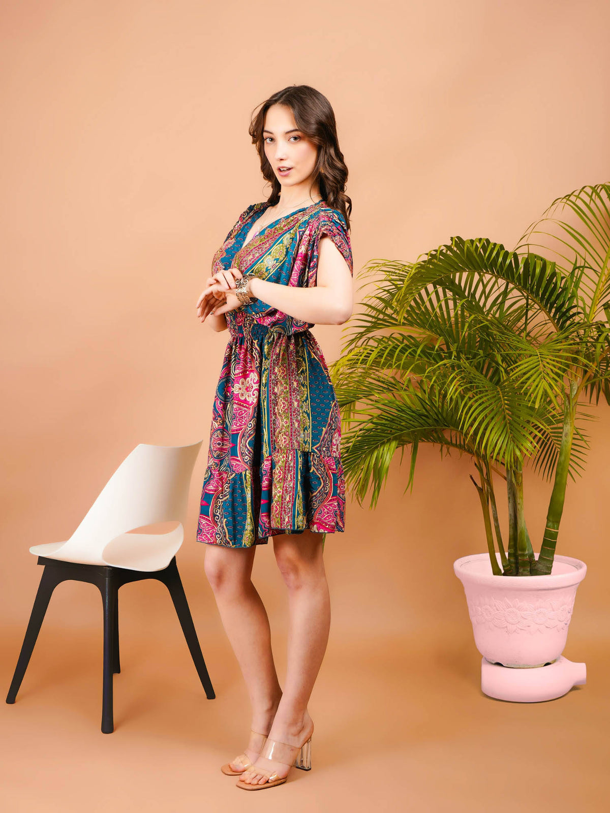 Women Teal Radiant Glow Paisley Print Boho Mini Dress | D56 - view 3