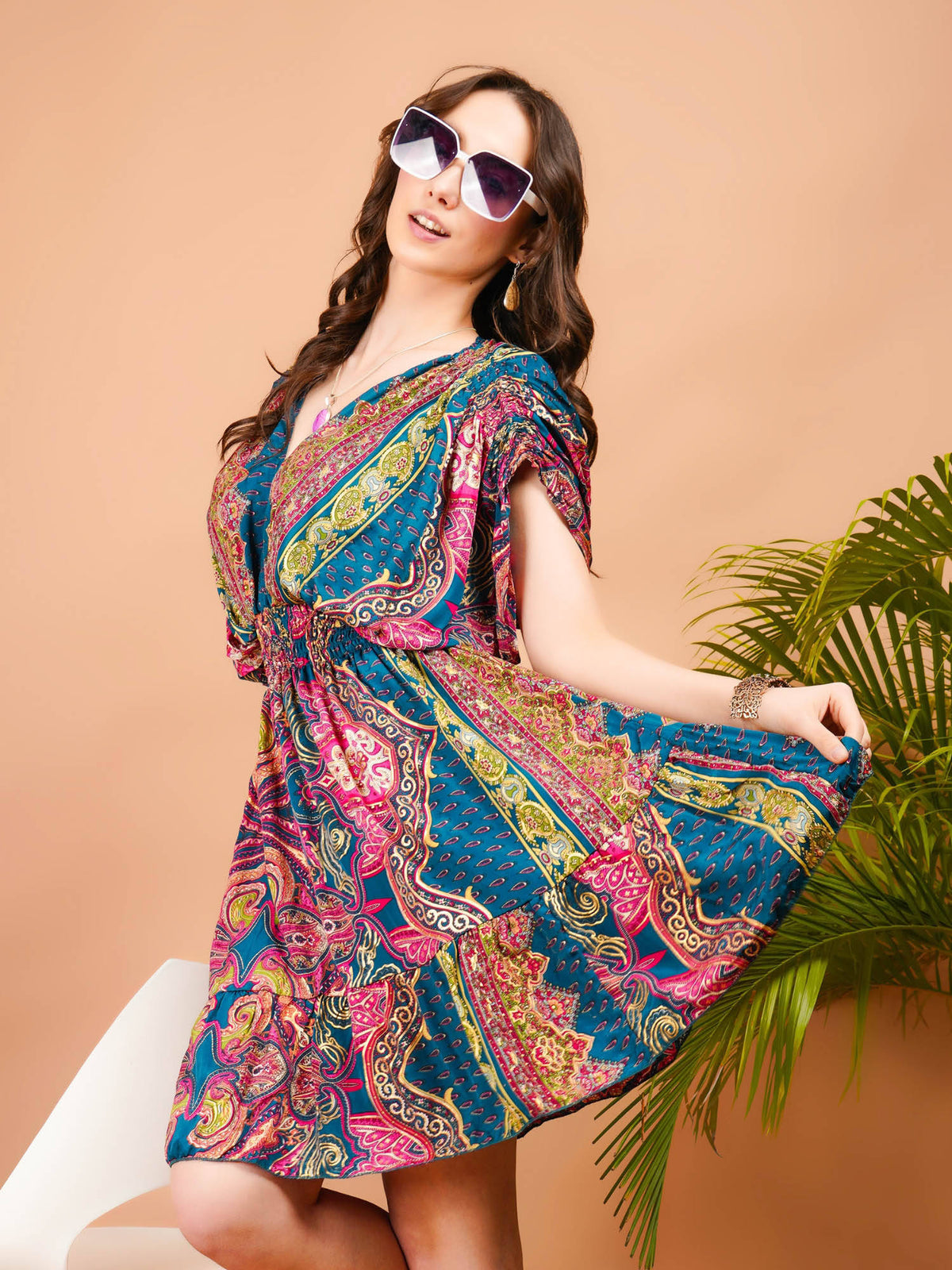 Women Teal Radiant Glow Paisley Print Boho Mini Dress | D56 - view 4